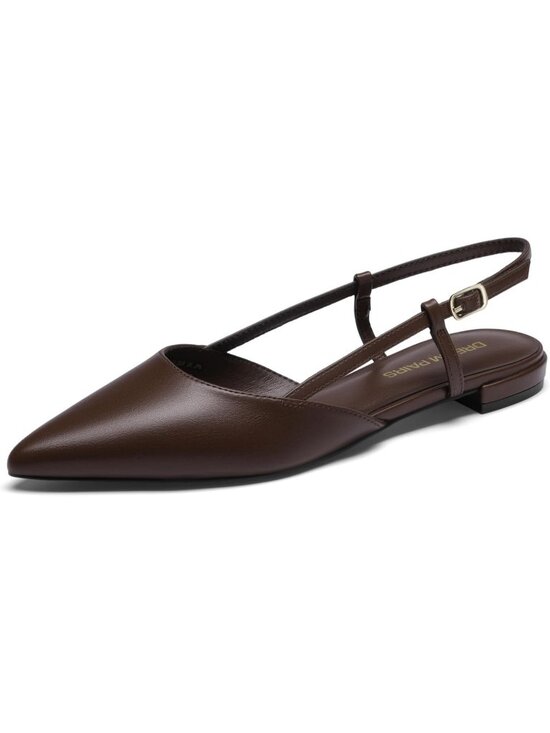 Shoes - Women's Brown Pointed Toe Slingback Faux Leather Buckle Strap Ballet Flats